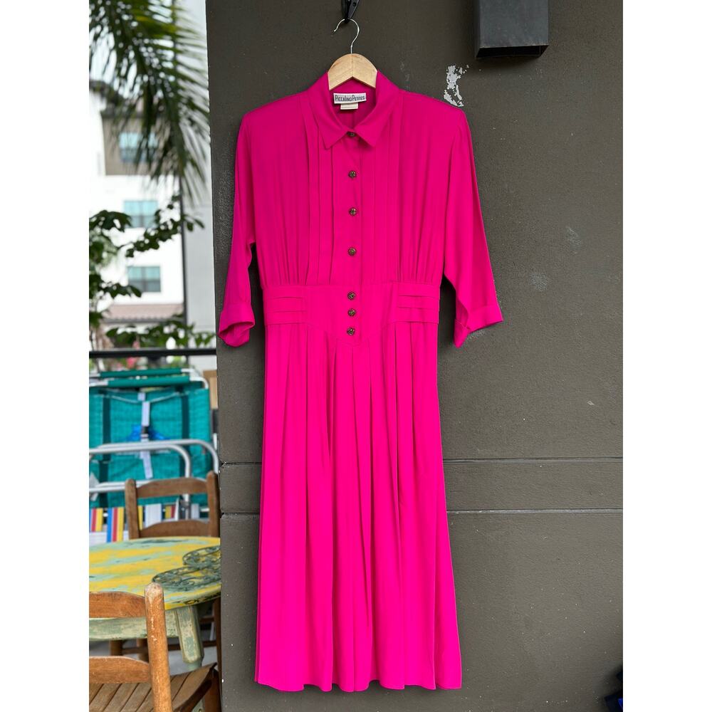 Vintage 80s Piccalino Petite USA Women’s 10P Pink Rayon Pleat Midi Shirt Dress